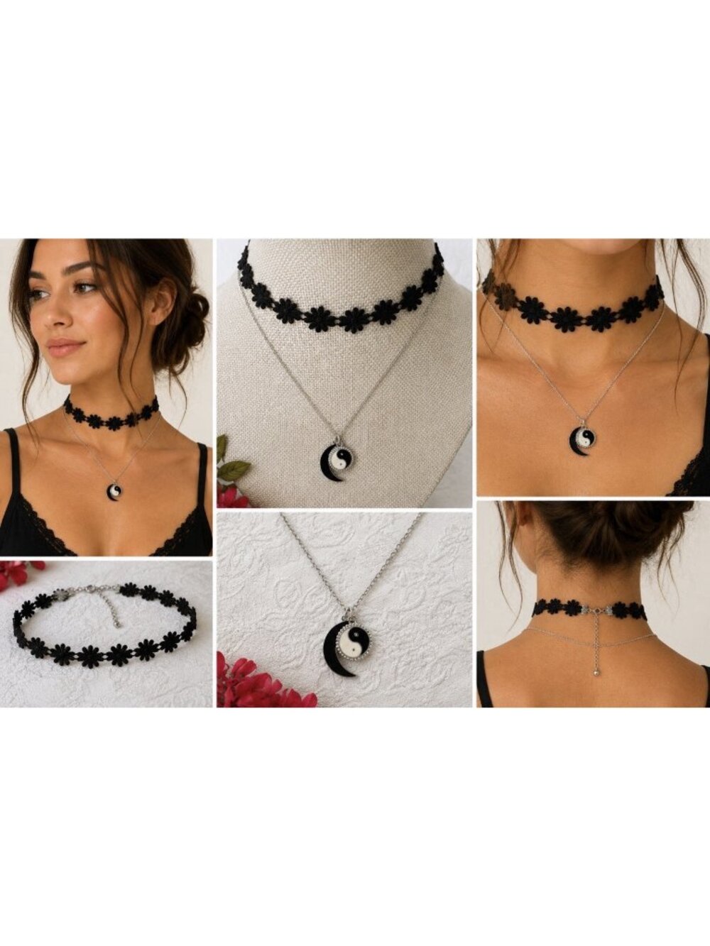 American Eagle Silver Tone 16"  Yen Yang Moon Black Choker Charm Necklace NEW